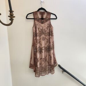 Altar'd State Brown Sequin Beaded Floral Fall Shift Party Dress New Year Holiday